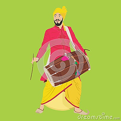 Vector of Indian Young Sikh Playing Bhangra on Dhol, wearing Ethnic Dress. Illustration. Vector Illustration