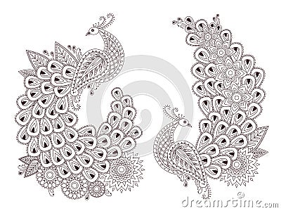 Beautiful vector peacock birds in indian mehndi style Vector Illustration