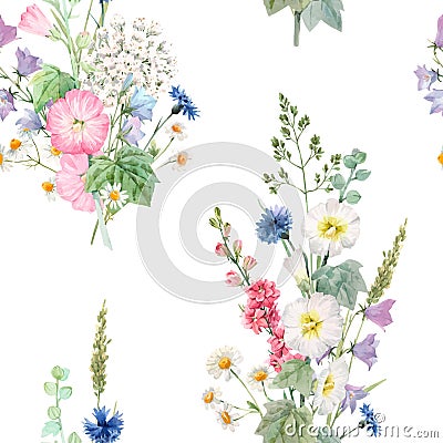 Beautiful vector seamless floral pattern with watercolor summer flowers. Stock illustration. Vector Illustration