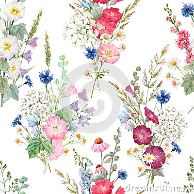 Beautiful vector seamless floral pattern with watercolor summer flowers. Stock illustration. Vector Illustration