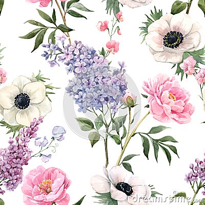 Beautiful vector seamless floral pattern with watercolor anemones, lilac and peony flowers. Stock illustration. Vector Illustration