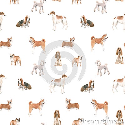 Beautiful vector seamless pattern with cute watercolor hand drawn dog breeds Cocker spaniel Greyhound Basset hound Vector Illustration