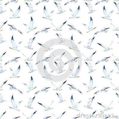Beautiful vector seamless pattern with cute watercolor seagulls. Stock illustration. Vector Illustration