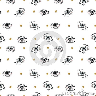 Beautiful vector seamless pattern with watercolor eyes. Stock illustration. Vector Illustration