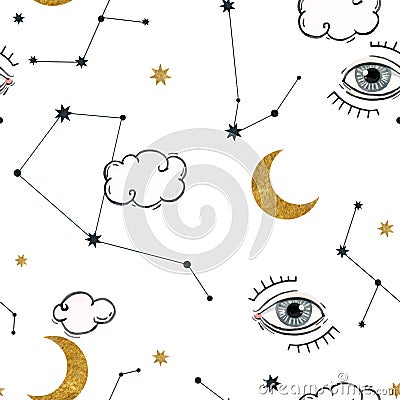 Beautiful vector seamless pattern with watercolor eyes. Stock illustration. Vector Illustration