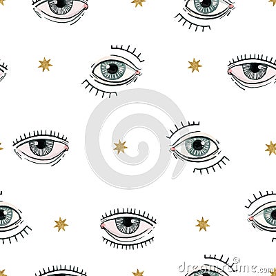 Beautiful vector seamless pattern with watercolor eyes. Stock illustration. Vector Illustration