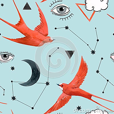 Beautiful vector seamless pattern with watercolor birds, moons and eyes. Stock illustration. Vector Illustration