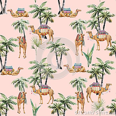 Watercolor camel and palm vector pattern Vector Illustration
