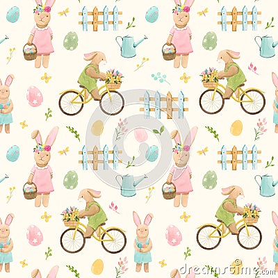 Beautiful vector seamless pattern with watercolor cute bunny boy on bike with basket of flowers and rabbit girl. Vector Illustration