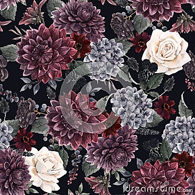 Beautiful vector seamless pattern with watercolor dark blue, red and black dahlia hydrangea flowers. Stock illustration. Vector Illustration