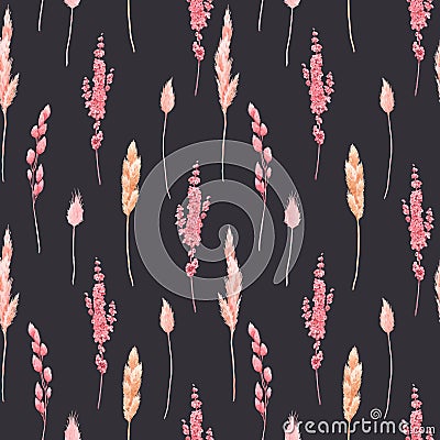 Beautiful vector seamless pattern with watercolor herbarium wild dried grass in pink and yellow colors. Stock Vector Illustration