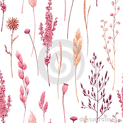 Beautiful vector seamless pattern with watercolor herbarium wild dried grass in pink and yellow colors. Stock Vector Illustration