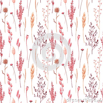 Beautiful vector seamless pattern with watercolor herbarium wild dried grass in pink and yellow colors. Stock Vector Illustration