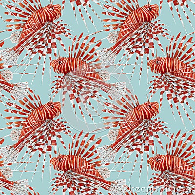 Beautiful vector seamless pattern with watercolor red lionfish. Stock illustration. Vector Illustration