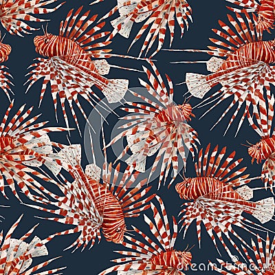 Beautiful vector seamless pattern with watercolor red lionfish. Stock illustration. Vector Illustration