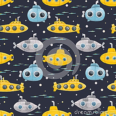 Watercolor underwater submarine vector pattern Vector Illustration