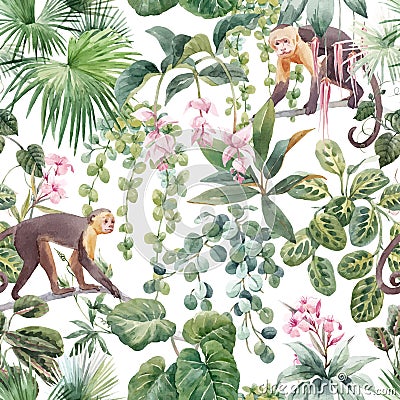 Beautiful vector seamless tropical floral pattern with cute hand drawn watercolor monkey and exotic jungle flowers Vector Illustration