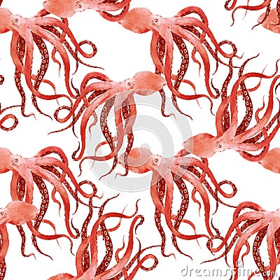 Beautiful vector seamless underwater pattern with watercolor octopus. Stock illustration. Vector Illustration