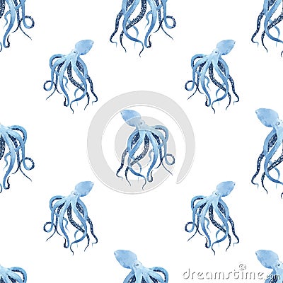 Beautiful vector seamless underwater pattern with watercolor octopus. Stock illustration. Vector Illustration