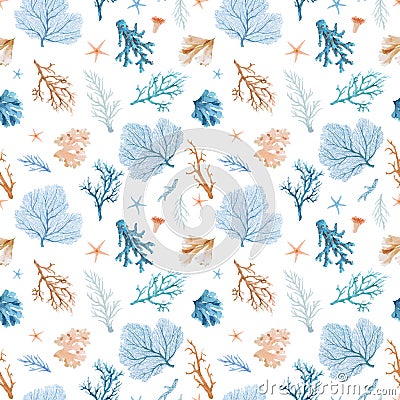 Beautiful vector seamless underwater pattern with watercolor sea life colorful corals. Stock illustration. Vector Illustration