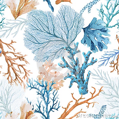 Beautiful vector seamless underwater pattern with watercolor sea life colorful corals. Stock illustration. Vector Illustration