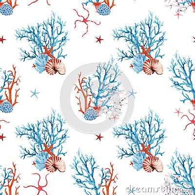 Beautiful vector seamless underwater pattern with watercolor sea life coral shell and starfish. Stock illustration. Vector Illustration