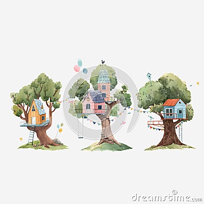 Beautiful vector set with three cute watercolor children tree houses. Stock illustration. Vector Illustration