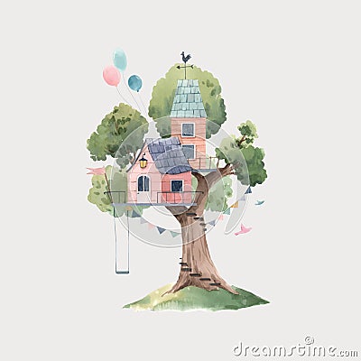Beautiful vector stock illustration poster with cute watercolor children tree houses. Vector Illustration