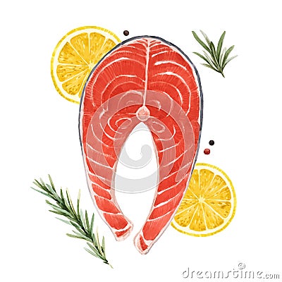 Beautiful vector stock illustration with watercolor tasty red salmon fish steak. healthy food. Vector Illustration