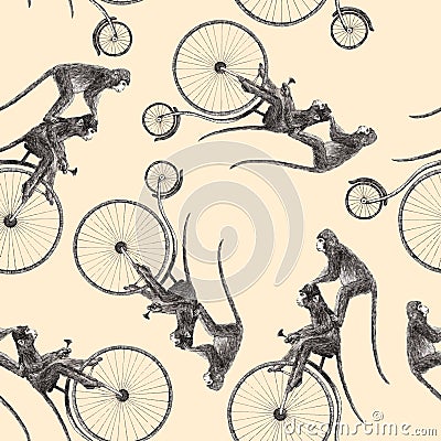 Beautiful vector stock seamless pattern with cute hand drawn monkey on bike pencil illustrations. Vector Illustration