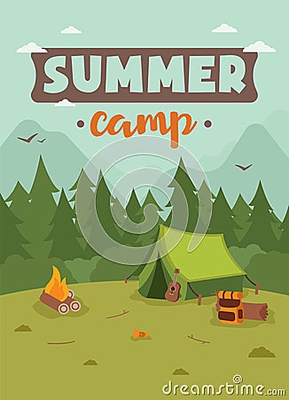 Beautiful vector summer camp illustration. Tent, bonfire, backpack and guitar in the wilderness in the mountains in the fresh air Vector Illustration