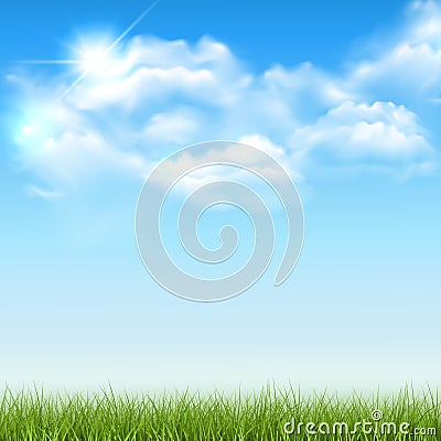 Beautiful vector sunny lawn or meadow with fluffy clouds and sun in the sky - with spae for your text or design Vector Illustration