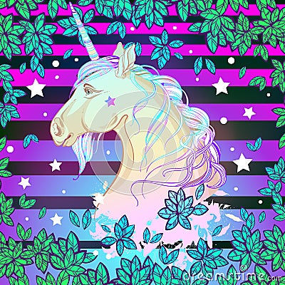 Beautiful vector unicorn over the colorful vibrant background. Highly detailed artwork isolated. Print, posters, t-shirts and text Vector Illustration