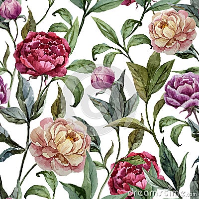 Beautiful vector watercolor pattern with peonies Vector Illustration