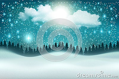 Beautiful vector winter night landscape background Cartoon Illustration