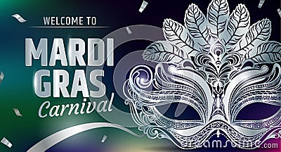 Beautiful venetian mask. Mardi Gras Carnival Party invitation card template. Spring holidays. Vector illustration EPS10. Vector Illustration