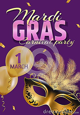 Beautiful venetian mask. Mardi Gras Carnival Party invitation card template. Spring holidays. Vector illustration EPS10. Vector Illustration