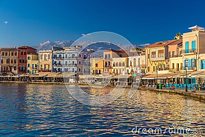 Beautiful venetian port of Chania, Crete island, Greece Editorial Stock Photo