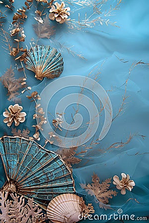 Beautiful vertical natura blue background, sea theme backdrop with copy space, tropical sea shells, top view, blank space Stock Photo