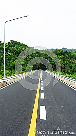 Beautiful vertical shot of the long street roads through the jungle at Bang Wad Dam, Phuket Thailand. Editorial Stock Photo