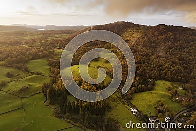 Beautiful vibrant aerial drone landscape image of sunrise in Autumn Fall over English countryside Stock Photo