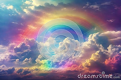 Beautiful vibrant double rainbow Cloudscape Background - awesome blue sky with pretty clouds. Stock Photo