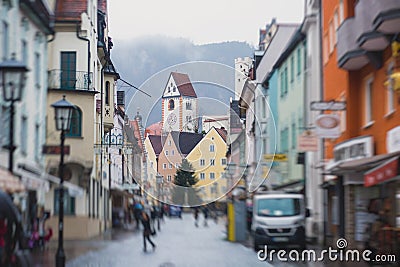Beautiful vibrant multicolored downtown picture of street in Fussen, Bayern, Bavaria, Germany Stock Photo