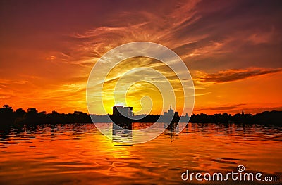 Beautiful vibrant sunset scene in Bucharest, Herastrau Park Stock Photo