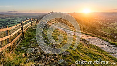 Beautiful vibrant sunrise with stone path. Stock Photo