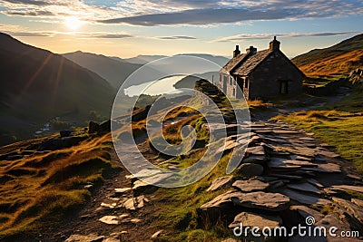 Beautiful Vibrant Sunset In The English Lake District With Stone Mountain Hut Stock Photo