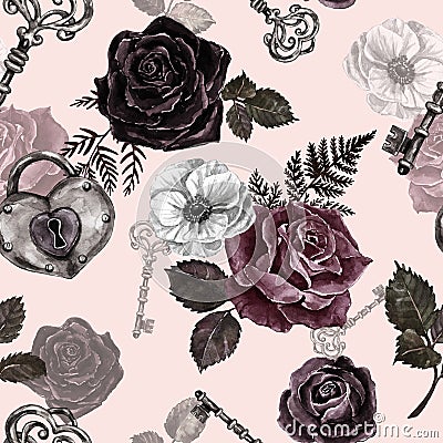 Victorian gothic style seamless pattern with watercolor red, black and burgundy roses, vintage key and padlock on pink background Stock Photo