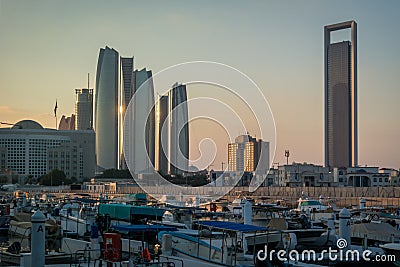 Beautiful view of Abu Dhabi city Etihad towers, famous landscape and Marina boats Editorial Stock Photo