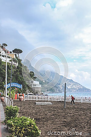Beautiful view of Amalfi coast and `L`Incanto Bar Ristorante` on the beachfront in Italy Editorial Stock Photo