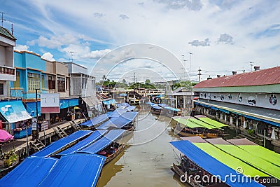 Beautiful view from Amphawa Floating market in holiday time Editorial Stock Photo